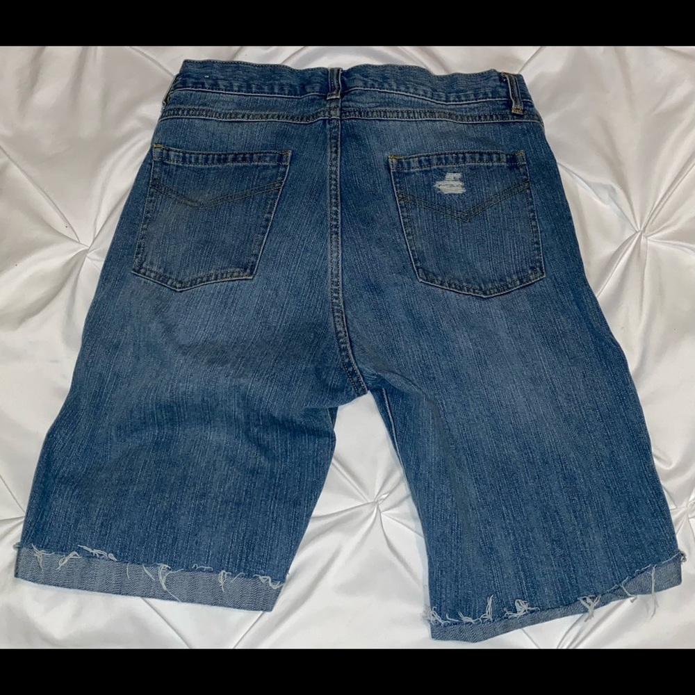 Mens ripped light blue denim jean shorts
